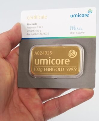 100g Umicore Goldbarren Blister